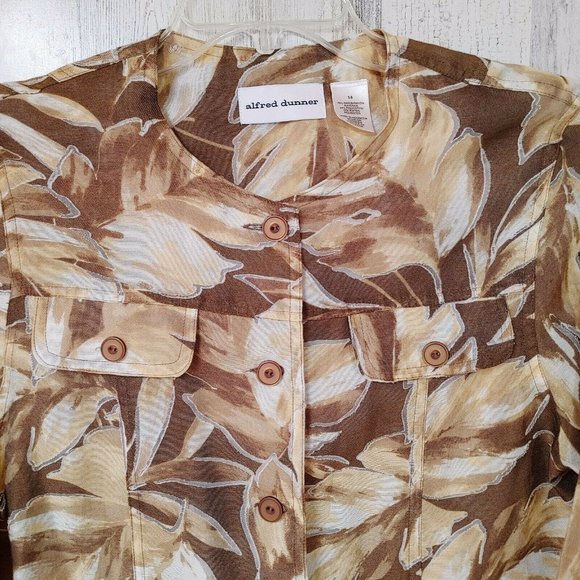 Alfred Dunner Women's 14 Button Up Shirt Brown Floral Palm 3/4 Sleeves - Picture 2 of 6